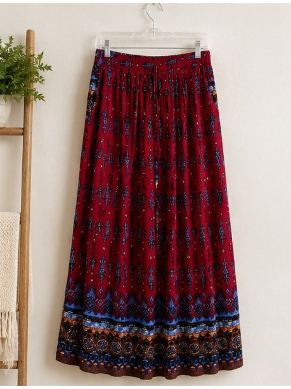 Mavis Laven Boho Maxi Skirt Red Blue Paisley Festival Peasant Size Large